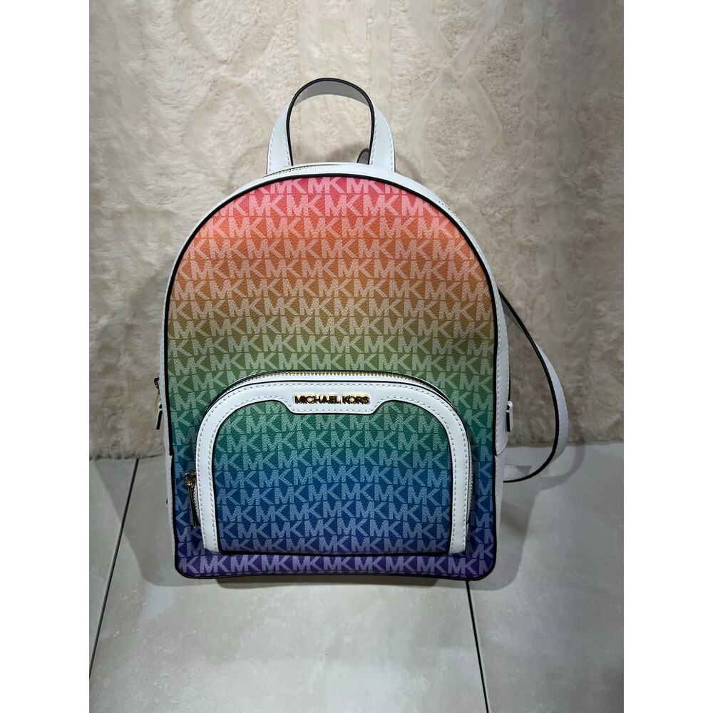Michael Kors Rhea Zip Small Backpack Rainbow Ombre MK Logo White Trim NWOT